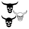 Three scary skulls with horns, silhouette-drawing on white background,