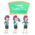 Three school teacher poses and chalkboard. Happy Teachers Day.