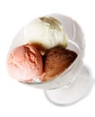 Three scoops of chocolate, strawberry and vanilla ice cream in g Royalty Free Stock Photo