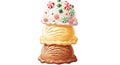 Three scoops of festive holiday ice cream stacked high isolated on white background Royalty Free Stock Photo