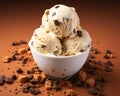 three scoops of ice cream in a bowl with chocolate chips