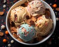 three scoops of ice cream in a bowl with sprinkles