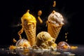 Three scoops of ice cream are falling into puddle of yellow liquid. Generative AI