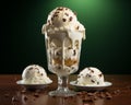 three scoops of ice cream in a glass with chocolate chips