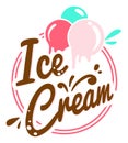 Three scoops of ice cream melting. Pink, blue, and peach scoops with sprinkle leaves. Dessert and summer treat vector