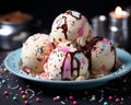 three scoops of ice cream on a plate with sprinkles