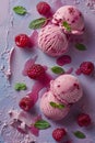 Three Scoops of Ice Cream With Raspberries and Mint Leaves Royalty Free Stock Photo