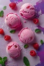 Three Scoops of Ice Cream With Raspberries and Mint Leaves Royalty Free Stock Photo