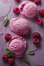 Three Scoops of Ice Cream With Raspberries and Mint Leaves Royalty Free Stock Photo