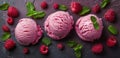 Three Scoops of Ice Cream With Raspberries and Mint Leaves Royalty Free Stock Photo