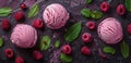 Three Scoops of Ice Cream With Raspberries and Mint Leaves Royalty Free Stock Photo