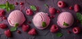 Three Scoops of Ice Cream With Raspberries and Mint Leaves Royalty Free Stock Photo