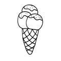 Three scoops of ice cream in a waffle cone. Black and white vector doodle. Hand drawn simple isolated