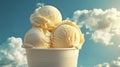 Three scoops of ice cream in a white cup in the sky background Royalty Free Stock Photo