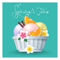 Three scoops of ice cream in white ice-cream bowl with flowers, orange slices and cinnamon. Fresh dessert illustration. Royalty Free Stock Photo