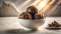 Three scoops of rich chocolate ice cream in a white bowl, illuminated by warm sunlight, alongside some chocolate biscuits. Royalty Free Stock Photo