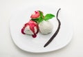 Three scoops of vanilla ice cream with strawberry syrup and mint on a white plate and a vanilla bean Royalty Free Stock Photo