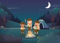 Three scouts camping for activity in the night illustration.vector Royalty Free Stock Photo
