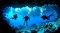 Three scuba divers are swimming through a cave filled with coral, AI Royalty Free Stock Photo