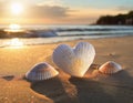 Three sea shells in heart shape on a beach with waves and sunset in the background Royalty Free Stock Photo