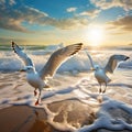 Three seagulls walking in water of surf beach Made With Generative AI illustration