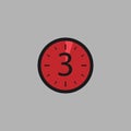 Three Seconds Clock on gray background. Stopwatch icon in flat style, red timer. Sport clock. Royalty Free Stock Photo