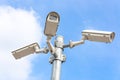 Three security cameras against blue sky Royalty Free Stock Photo