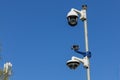 Three security cameras on a pole.