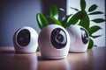 Three security cameras sitting on table in front of plant. Generative AI