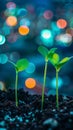 Three seedlings in soil with colorful bokeh background Royalty Free Stock Photo