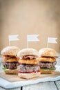 Sliders beef tall mini burgers sharing food Royalty Free Stock Photo