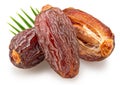 Three semi-dried dates or date palm fruits and palm leaves behind, isolated on white background. File contains clipping path