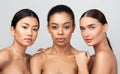 Three Sensual Multicultural Girls Posing Shirtless Standing Together, Studio Shot