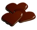 Three separate chocolate cookies in heart shape on white background