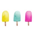 Three servings of pink, yellow and blue ice cream on a stick. Bright illustration of a set of appetizing ice cream.