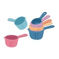 Three sets of colorful measuring cups with handles and spouts. Each set includes Royalty Free Stock Photo