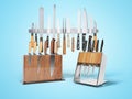 Three sets of kitchen knives 3d render on blue background with shadow