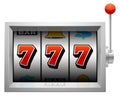 Three seven on slot machine screen. Jackpot logo Royalty Free Stock Photo
