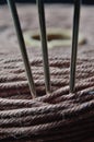 Three sewing needles are inserted into a spool of thread. close-up Royalty Free Stock Photo