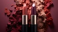 three shades of lipstick in the style of muted, earthy tones, visually tactile surfaces, with a predominant theme of