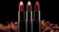 three shades of lipstick in the style of muted, earthy tones, visually tactile surfaces, with a predominant theme of