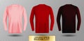 Three shades of pink red and vinous long sleeve t-shirt set. Vector mock up.