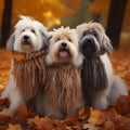 Three shaggy cute bobtail dogs dressed in knitted scarves walking in autumn park along the fallen leaves ai generated