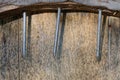 three sharp gray iron nails sticking out of a brown wooden plank