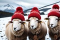 Three Sheep Clad in Cozy Red Knitted Beanies, Positioned Amidst a Pristine Snow Cove