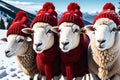 Three Sheep Clad in Cozy Red Knitted Beanies, Positioned Amidst a Pristine Snow Cove