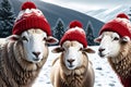Three Sheep Clad in Cozy Red Knitted Beanies, Positioned Amidst a Pristine Snow Cove