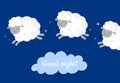 Three sheep jumping over the cloud. Count sheep before bed. Vector flat illustration.