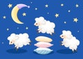 Three sheep jumping over the pillows sleep time count sheeps from insomnia on a blue background with stars and moon illustr Royalty Free Stock Photo