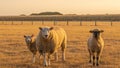 Three sheep portrait. Sheeps in paddock on wheat field background.Farm animals. Animal husbandry and agriculture